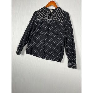 LOFT Blouse Womens S Black Embroidered Boho Peasant Tie Neck‎ Cotton Top